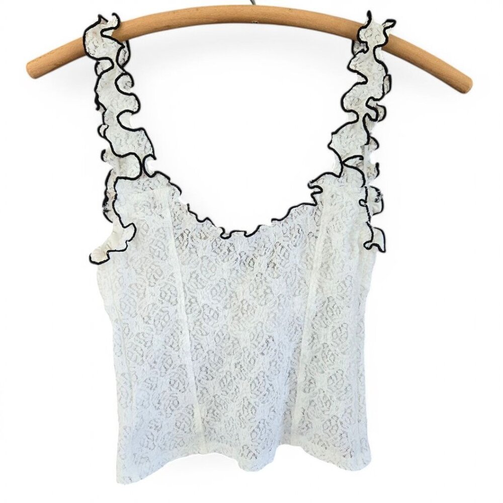 Urban Outfitters Small Elasa White Lace Ruffle Camisole Bustier Top Black Trim - Picture 3 of 7